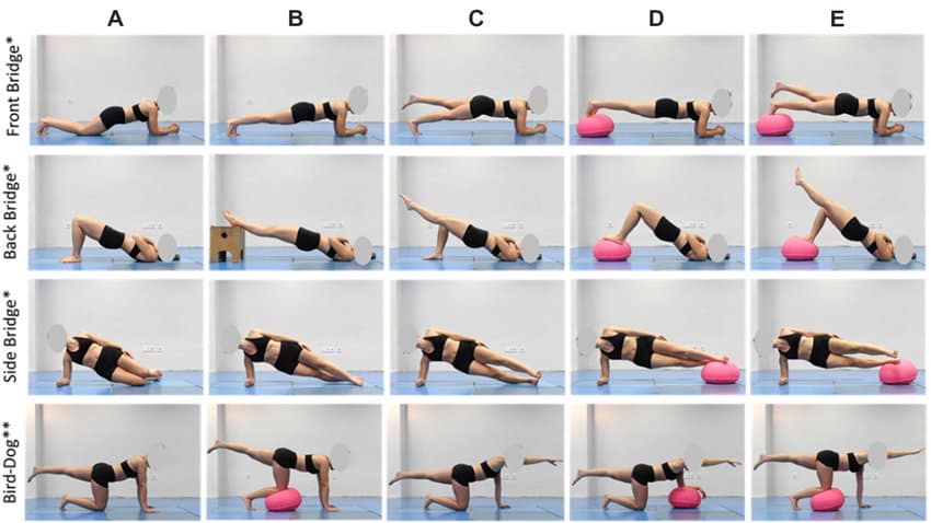 Core stabilization exercises on two force platforms Variations of the front back and