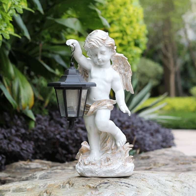 Outdoor Garden Courtyard Villa Landscape Decoration Decor Sculpture Angel Carrying Solar Lamp Glass Steel Yard Statue